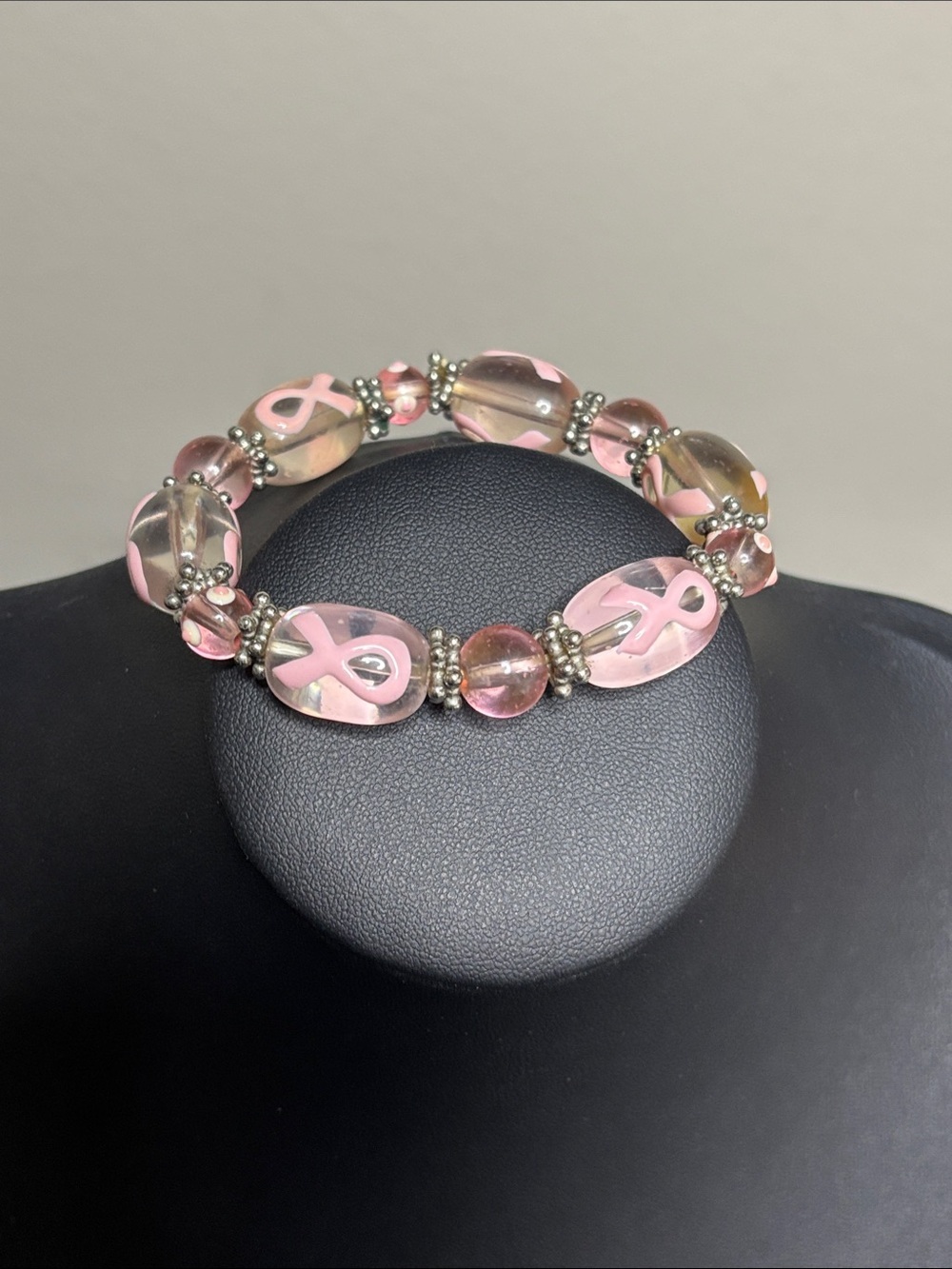Pink Ribbon Glass Bead Stretch Bracelet - Supportive Pink Awareness Design